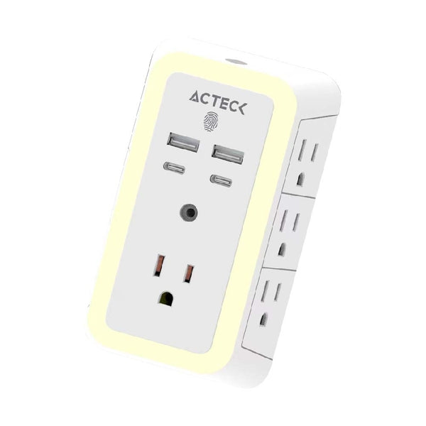 CARGADOR DE PARED ACTECK ENERGON LUMINA CP515 / 11 EN 1 / 7 X TOMACORRIENTE / 2 USB / 2 TIPO C / RESISTENTE AL FUEGO / SUPRESOR DE PICOS 540 J / SENSOR TOUCH / BLANCO /AC-936484