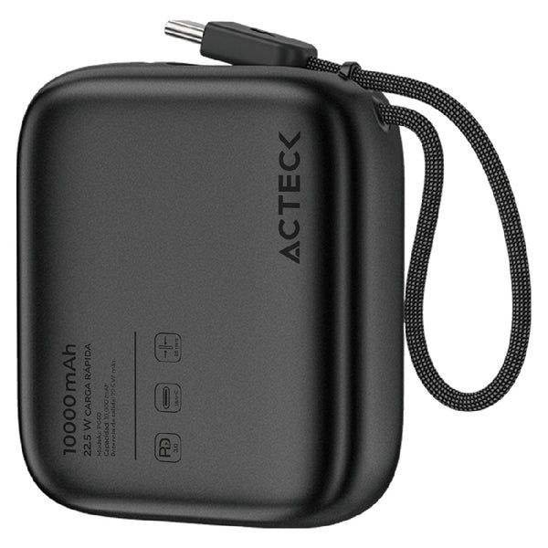 CARGADOR POWERBANK ACTECK ENERGON GO PLUG PRO PG60 / CAPACIDAD DE 10,000 MAH / USB-C CON CABLE INTEGRADO 22.5 W / ULTRA COMPACTO Y LIGERO / 3C STANDARD / ELITE SERIES / NEGRO / AC-945615