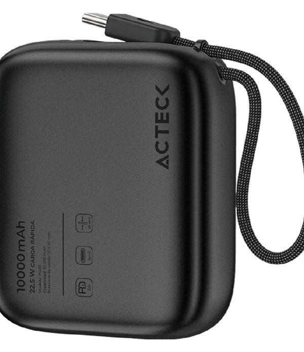 CARGADOR POWERBANK ACTECK ENERGON GO PLUG PRO PG60 / CAPACIDAD DE 10,000 MAH / USB-C CON CABLE INTEGRADO 22.5 W / ULTRA COMPACTO Y LIGERO / 3C STANDARD / ELITE SERIES / NEGRO / AC-945615