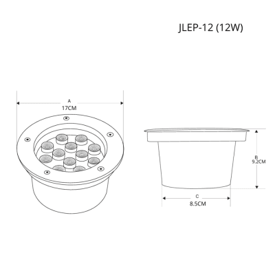 Luminario Empotrar en Piso / IP66 Exterior / Multivoltaje 110-240V~ / 6500K / Ángulo 36° / Aluminio y Vidrio Templado / 12W