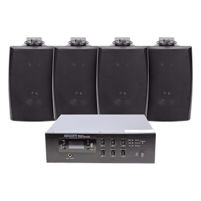 Kit de Sonido Ambiental / Amplificador 240W RMS / Salida 70/100V / 4 Altavoces de Pared / Bluetooth y MP3 / Resistente a Humedad