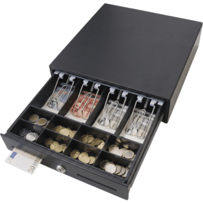 Cajón de Efectivo / Compacto 330 mm / 4 Billetes + 8 Monedas / Apertura RJ11 / Cerradura con Llave / Punto de Venta