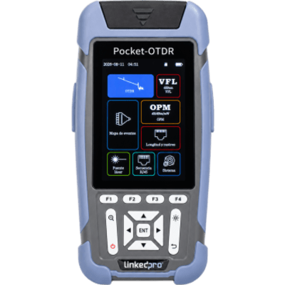 Mini OTDR para Fibra Óptica / Monomodo 1310nm y 1550nm / Rango Dinámico 24dB/22dB / VFL 10mW / OPM Integrado / Mapeo RJ45 / Alcance 128 km / Pantalla 3.5" / 12 Horas de Medición Continua