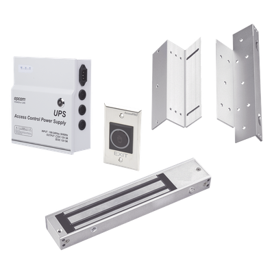 Kit de Control de Acceso / Fuente 12 VCD 5A con Respaldo / Chapa Magnética 600 lbs / Botón Sin Contacto / Montajes L y Z