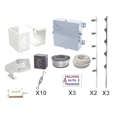 Kit de Cerco Eléctrico Perimetral / 25 m (82 ft) / 12,000V / Consumo 1.2 kW/mes / Tecnología SMT / Respaldo con Batería