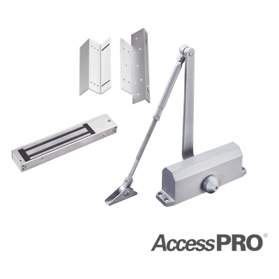 Kit de Control de Acceso / Chapa Magnética 280 kg (600 lbs) / Brackets L y Z / Cierra Puertas 45-65 kg / LED Indicador / Temporizador 1-45 s