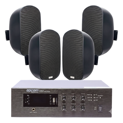 Kit de Amplificador de Escritorio / 240W RMS / Salida 70/100V / 4 Altavoces de Pared 5" / Taps 3W a 50W / Bluetooth y MP3 Integrados
