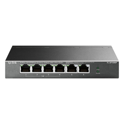 Switch PoE no administrable / 6 puertos 10/100 Mbps / 4 puertos PoE 802.3af/at / Presupuesto 67 W / Extensor hasta 250 m (820 ft) / Prioridad video