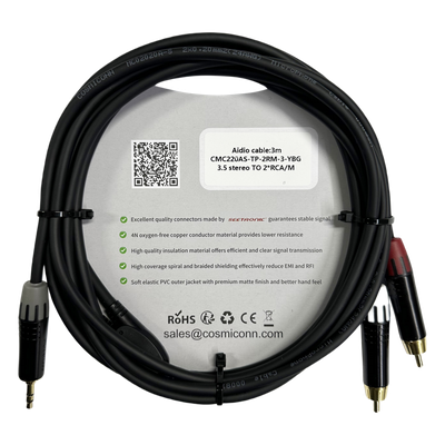 Cable Audio 3.5mm a 2 RCA / 3m (9.8ft) / Conectores Negros / Diferenciadores Rojo y Blanco / Nylon Trenzado / Cobre OFC