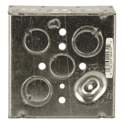 Caja Cuadrada Galvanizada / 4 x 4 in / Profundidad 2.125 in / Capacidad 30.3 in³ / 12 Knockouts / Resistente al Fuego