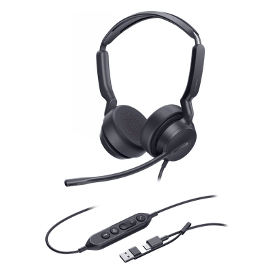 Auriculares Profesionales USB / Cancelación de Ruido con IA / Altavoz 35 mm / Certificado Microsoft Teams / USB-C con Adaptador USB-A / Diseño Ergonómico Binaural