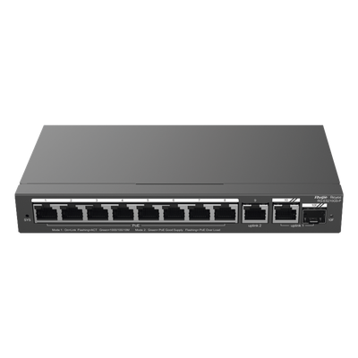 Switch Administrable / 8 Puertos PoE+ / 130 W / 2 Uplinks Gigabit / 20 Gb/s / Sin Ventilador