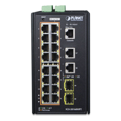Switch Industrial Administrable / 16 Puertos PoE+ Gigabit / 2 Puertos Gigabit / 2 Puertos SFP / IP30 / -40 a 75°C