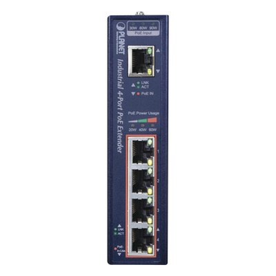 Extensor PoE Industrial / Entrada 802.3bt / 4 Salidas Gigabit 802.3af/at / Alcance 200 m (656 ft) / 95 W por Puerto