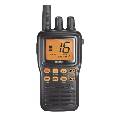 Radio Marina VHF Portátil / IPX8 Sumergible y Flotante / Potencia 1-5 W / Batería 12 h / Canales Internacionales, USA y Canadá