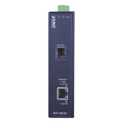 Convertidor de Medios Industrial / 10G/5G/2.5G/1G/100M / SFP+ 10GBASE-X / IP30 / -40°C a 75°C / Alimentación Redundante DC