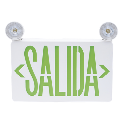 Letrero de Emergencia LED / Dual Salida y Luz de Emergencia / Montaje Universal Pared-Lateral-Techo / Doble Voltaje 120-277 VAC / Batería 6V 4.5Ah / Consumo 3W