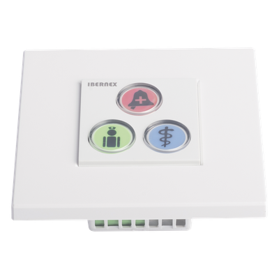Módulo de Botones para Llamada Paciente-Enfermera / 3 Teclas Iluminadas / Lector RFID 125 KHz / BUS RS485 / Instalación Empotrada 2x2 pulgadas o Superficie