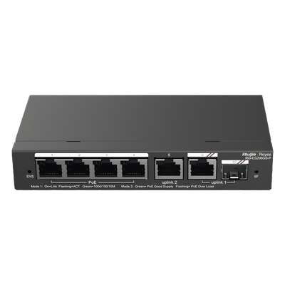 Switch Administrable Cloud / 6 Puertos Gigabit / 4 PoE+ 54W / 1 SFP / 12 Gb/s / Sin Ventilador