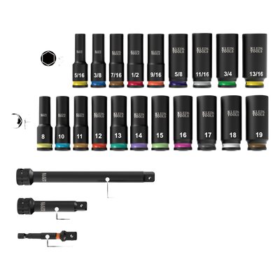 Juego de Dados de Impacto Profundos / Drive 3/8" / SAE y Métrico / 23 Piezas / Adaptadores Multi-Propósito / Estuche Modular