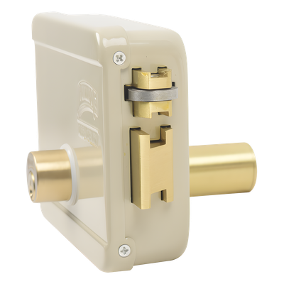 Cerradura Eléctrica / Doble Cerrojo / 12 VCC/VCA / Activación por Pulso 2 s / Exterior Derecha / 129 x 103 x 38 mm