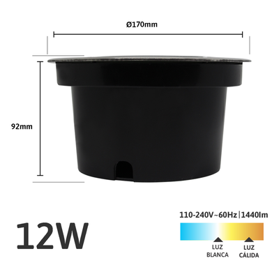 Luminario Empotrar en Piso / IP66 Exterior / Multivoltaje 110-240V~ / 6500K / Ángulo 36° / Aluminio y Vidrio Templado / 12W