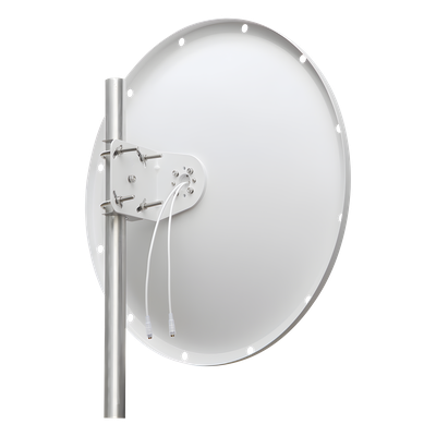 Antena Direccional / 4.8 - 6.5 GHz / 28 dBi / Alcance 20 km (12.4 mi) / Polarización Dual / Viento 200 km/h (124.3 mph)