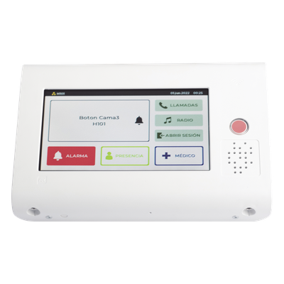 Terminal Inteligente para Habitación Hospitalaria / Pantalla Táctil 7" / RFID 125 kHz / VoIP SIP Bidireccional / PoE IEEE 802.3af / Bus RS485 / Carcasa Antibacteriana