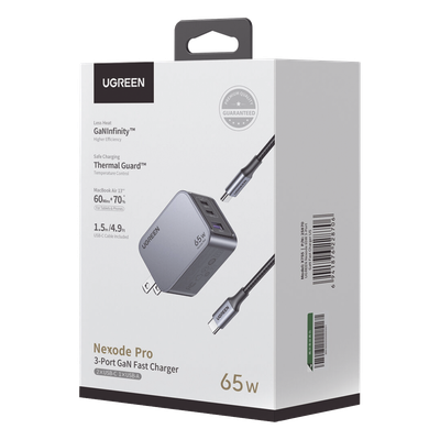 Cargador de Pared / 65W / 3 Puertos / 2 USB-C / 1 USB-A / GaNInfinity / PD3.1 / QC4.0 / Aluminio