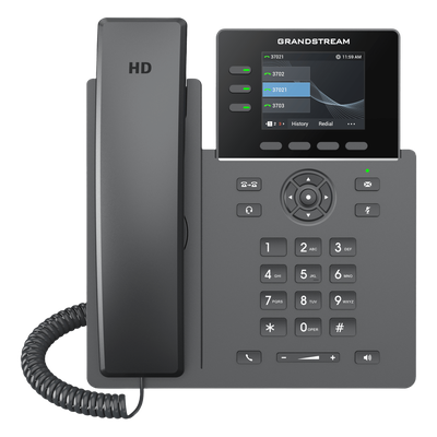 Teléfono IP / 3 Líneas SIP / 12 Botones Virtuales Programables / Pantalla LCD 2.8 Pulgadas / Puertos Gigabit con PoE / Audio HD