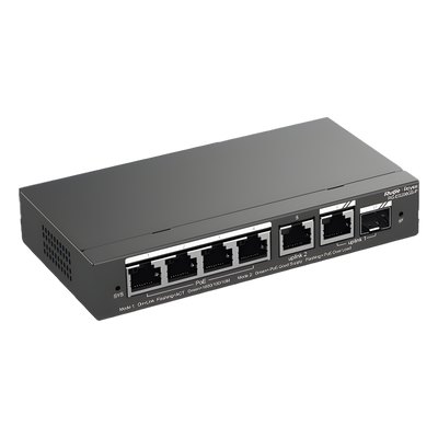 Switch Administrable Cloud / 6 Puertos Gigabit / 4 PoE+ 54W / 1 SFP / 12 Gb/s / Sin Ventilador