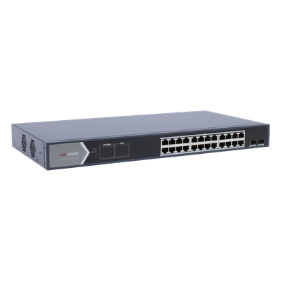 Switch PoE+ Administrable / 24 Puertos Gigabit / 2 Puertos SFP / PoE Extendido 250 m (820.2 ft) / 370 W / 56 Gbps