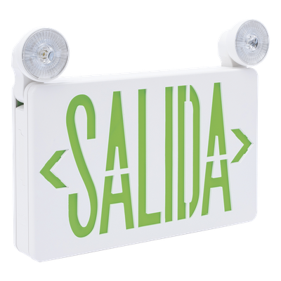 Letrero de Emergencia LED / Dual Salida y Luz de Emergencia / Montaje Universal Pared-Lateral-Techo / Doble Voltaje 120-277 VAC / Batería 6V 4.5Ah / Consumo 3W