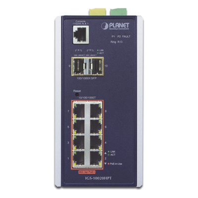 Switch Industrial Administrable Capa 2 / 8 Puertos PoE Gigabit 802.3af/at / 2 Puertos SFP 1/2.5G / Fuente Redundante / 258W PoE Total