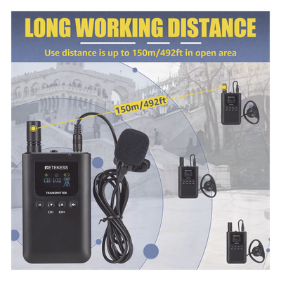 Sistema de Guía Turístico / 2.4 GHz / 999 Canales / Alcance 150 m (492.1 ft) / 1 Transmisor y 10 Receptores / USB-C / Batería 3000 mAh