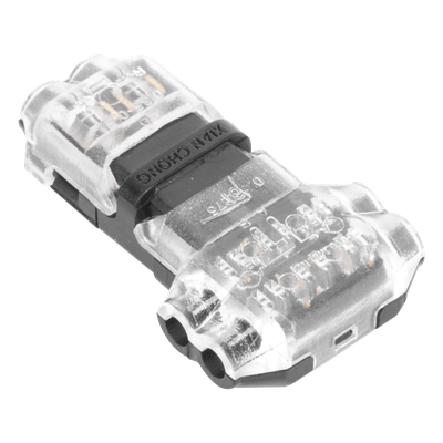 Conector T / 2 Contactos / Extracción Sin Corte / 0.35 a 0.75 mm² / Diámetro Máx 2.1 mm / Transparente con Negro