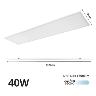 Panel LED / 40 W / 4200 lm / 6500 K / 140° / 1195 x 295 mm / IP20 / 127 Vca~60Hz