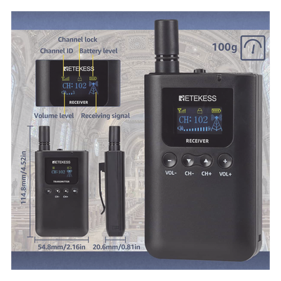 Sistema de Guía Turístico / 2.4 GHz / 999 Canales / Alcance 150 m (492.1 ft) / 1 Transmisor y 10 Receptores / USB-C / Batería 3000 mAh
