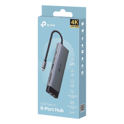 HUB USB-C 9 en 1 / HDMI 4K@60Hz / Ethernet Gigabit / 100W PD / 140.2x43x14.3 mm (0.46x0.14x0.047 ft)