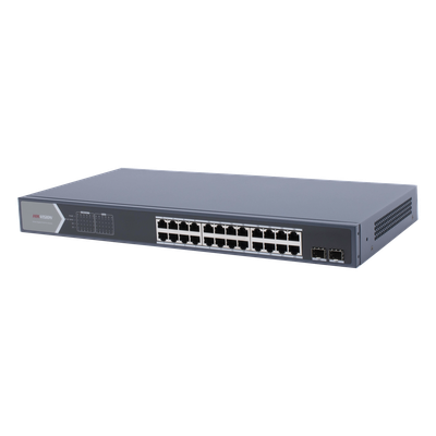 Switch PoE+ Administrable / 24 Puertos Gigabit / 2 Puertos SFP / PoE Extendido 250 m (820.2 ft) / 370 W / 56 Gbps