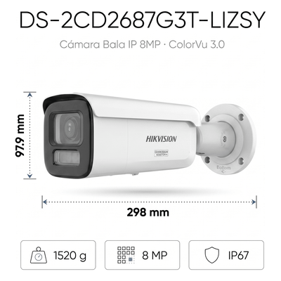 Bala IP 8 Megapixel / Lente Mot. 2.8 a 12 mm / 60 mts IR + Luz Blanca / Exterior IP67 / WDR 130 dB / ACUSENSE 3.0 / Metal / NEMA 4X / ACUSEEK