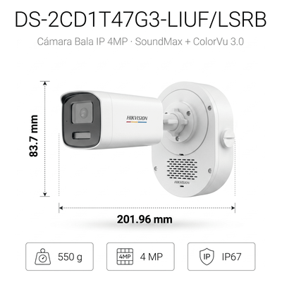 Cámara Bala IP / 4 Megapixel / ColorVu 3.0 / Dual Light 50 m (164 ft) / Audio Bidireccional SoundMax / Luz Estroboscópica Rojo-Azul / AcuSense Lite / IP67 / WDR 120 dB / PoE