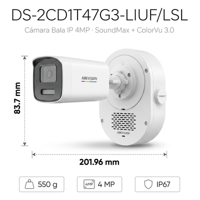 Cámara Bala IP / 4 Megapixel / ColorVu 3.0 / Dual Light 50 m (164 ft) / Audio Bidireccional SoundMax / AcuSense Lite / IP67
