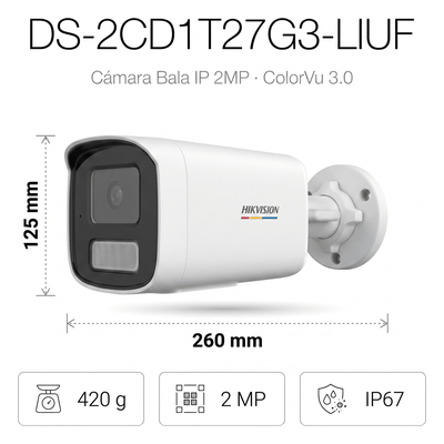 Cámara Bala IP / 2 Megapixel / ColorVu 3.0 / Dual Light IR 50 m (164 ft) + Luz Blanca 50 m (164 ft) / AcuSense Lite / IP67 / PoE