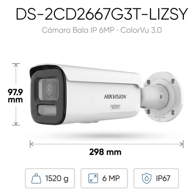 Bala IP / 6 Megapixel / Lente Mot. 2.8 a 12 mm / 60 m IR + Luz Blanca (197 ft) / IP67 NEMA 4X / WDR 130 dB / AcuSense 3.0 + AcuSeek / Metal / -30°C a 60°C