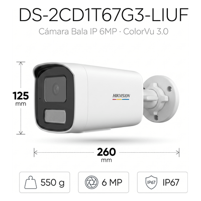 Cámara Bala IP / 6 Megapixel / Dual Light 50 m (164 ft) / ColorVu 3.0 / WDR 120 dB / IP67 / PoE