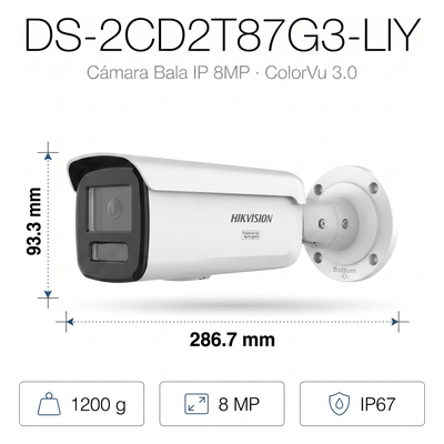 Bala IP 8 Megapixel / Lente 4 mm / 60 mts (197 pies) IR + Luz Blanca / Exterior IP67 / WDR 130 dB / ACUSENSE 3.0 / Metal / NEMA 4X / ACUSEEK