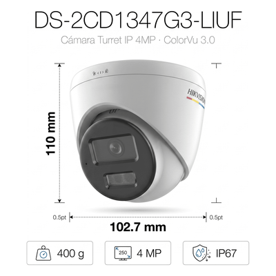 Cámara Turret IP / 4 Megapixel / Color 24/7 / Lente 2.8 mm / FOV 101.5° / IR 30 m (98.4 ft) + Luz Blanca 30 m (98.4 ft) / WDR 120 dB / IP67 / PoE