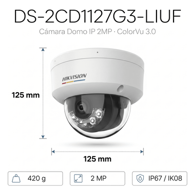 Cámara Domo IP / 2 Megapixel / ColorVu 3.0 / Dual Light 30 m (98.4 ft) / Detección Humanos y Vehículos / IP67 / IK08 / PoE