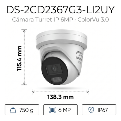 Turret IP / 6 MP / Lente 2.8 mm / IR 30 m + Luz Blanca 30 m / 98 pies / IP67 NEMA 4X / WDR 130 dB / AcuSense 3.0 / Metal